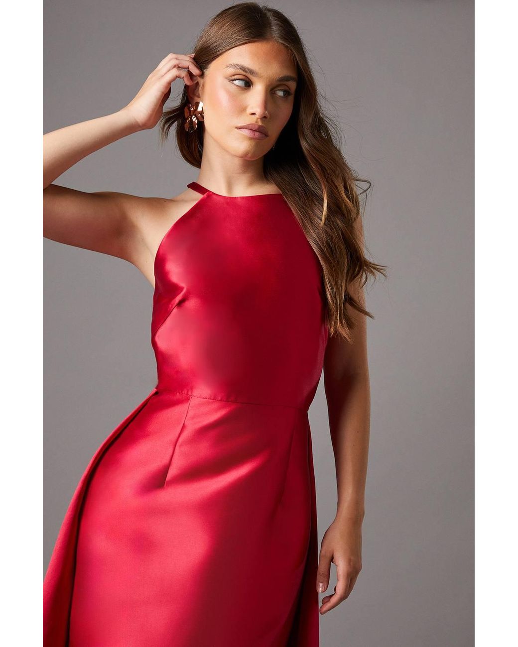 Coast Halterneck Twill Column Maxi Dress With Overskirt in Red | Lyst