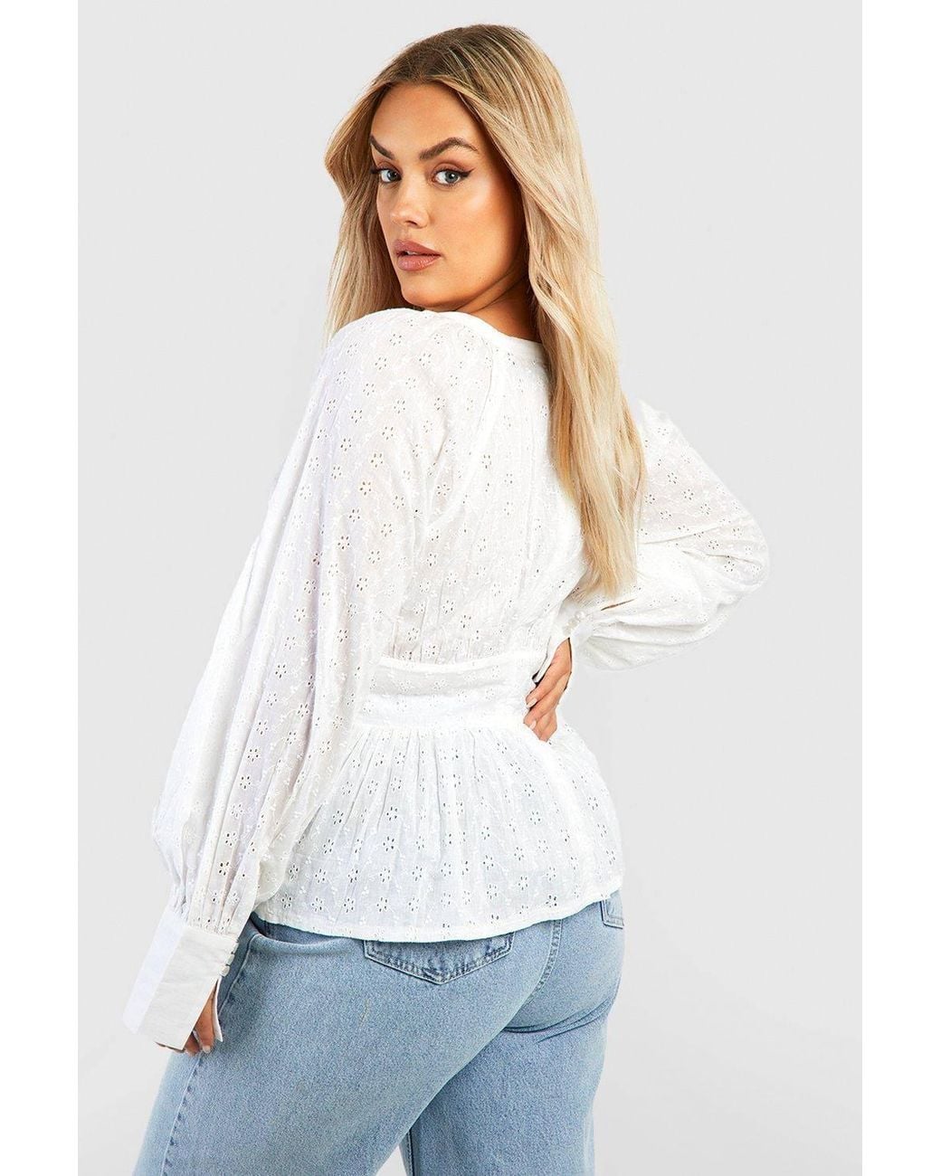 Boohoo White Plus Button Down Broderie Smock Top