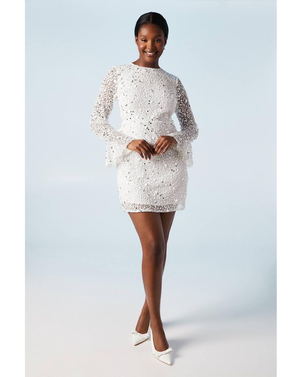 Coast Sequin And Beadwork Embellished Flare Cuff Bridal Mini Dress in White  | Lyst