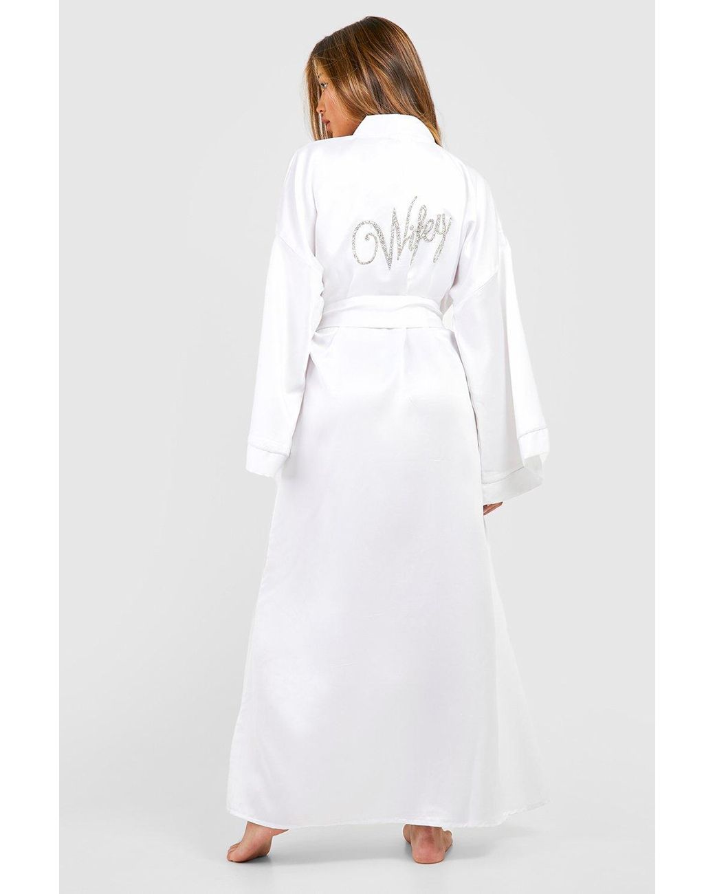 Boohoo Wifey Embellished Satin Maxi Robe in White | Lyst