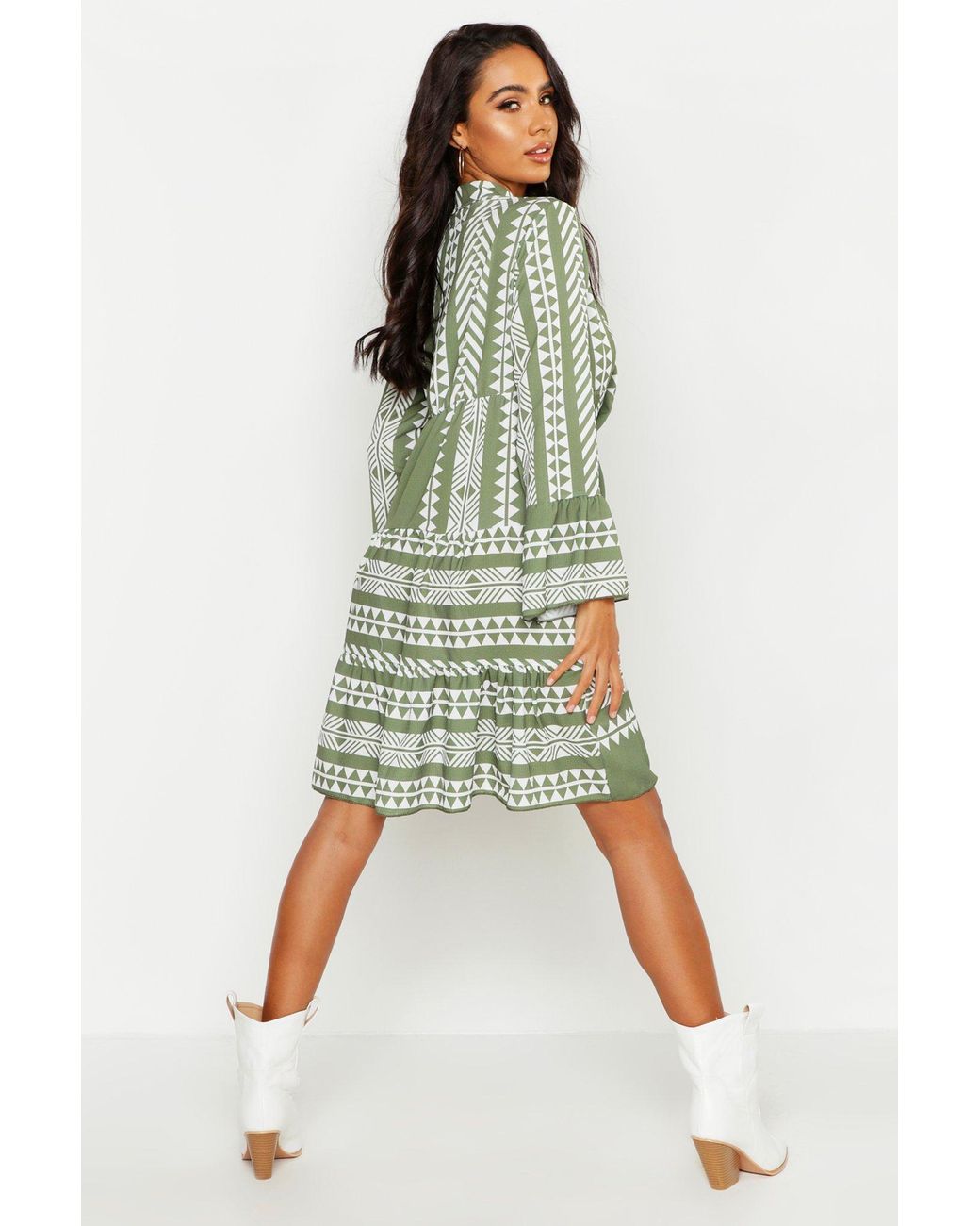 Boohoo Aztec Print Smock Dress in Khaki 