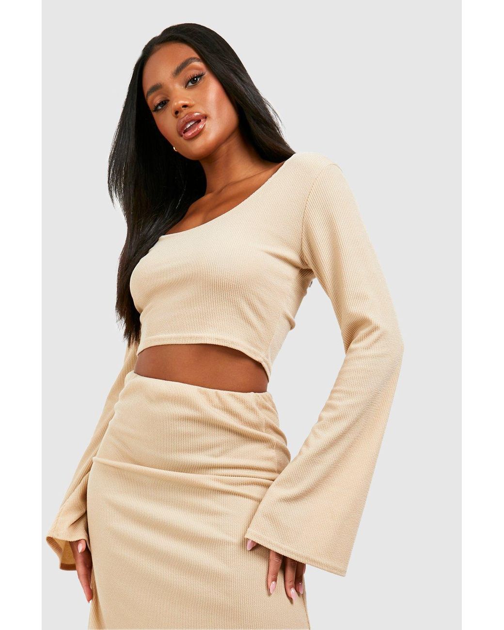 Boohoo Ribbed Scoop Flared Sleeve Top in Natural | Lyst UK