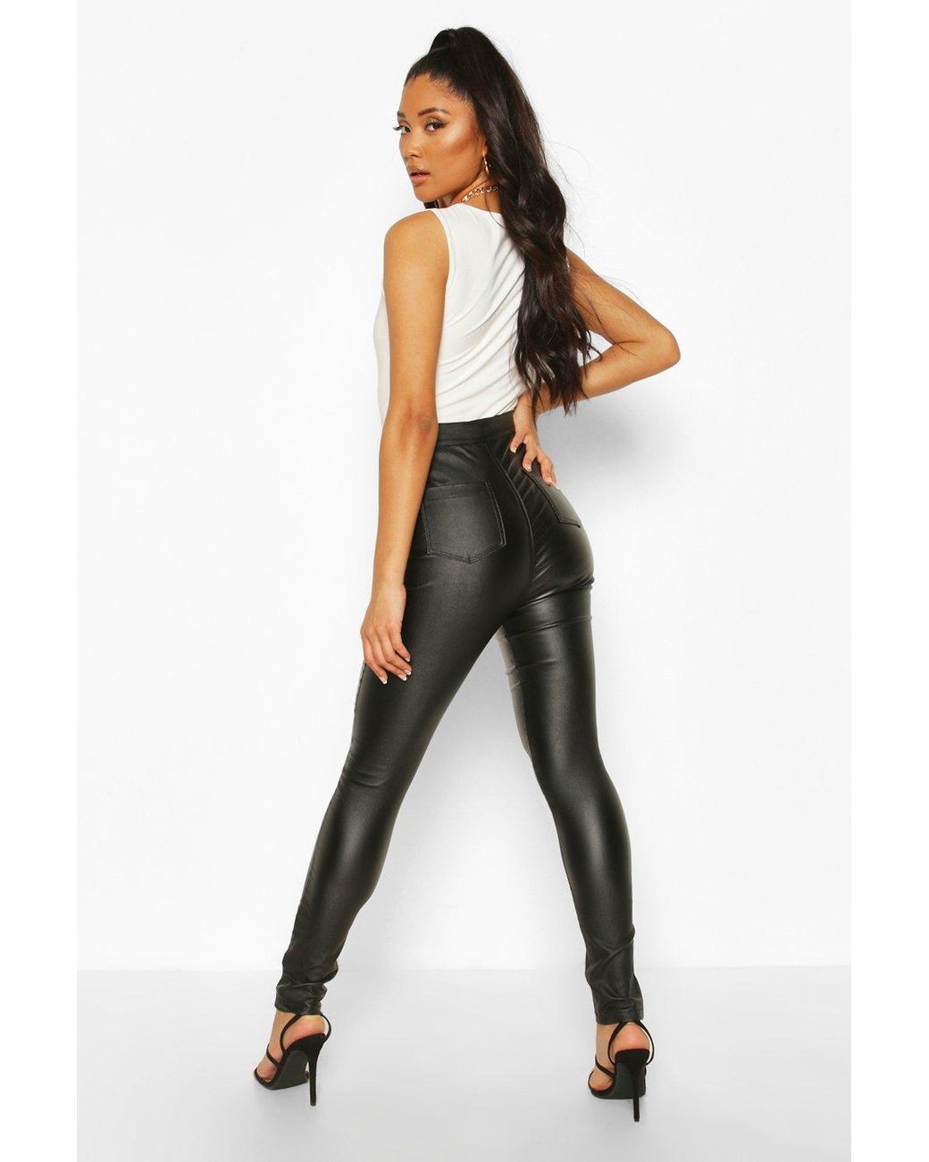 leather look high waisted skinny jeans