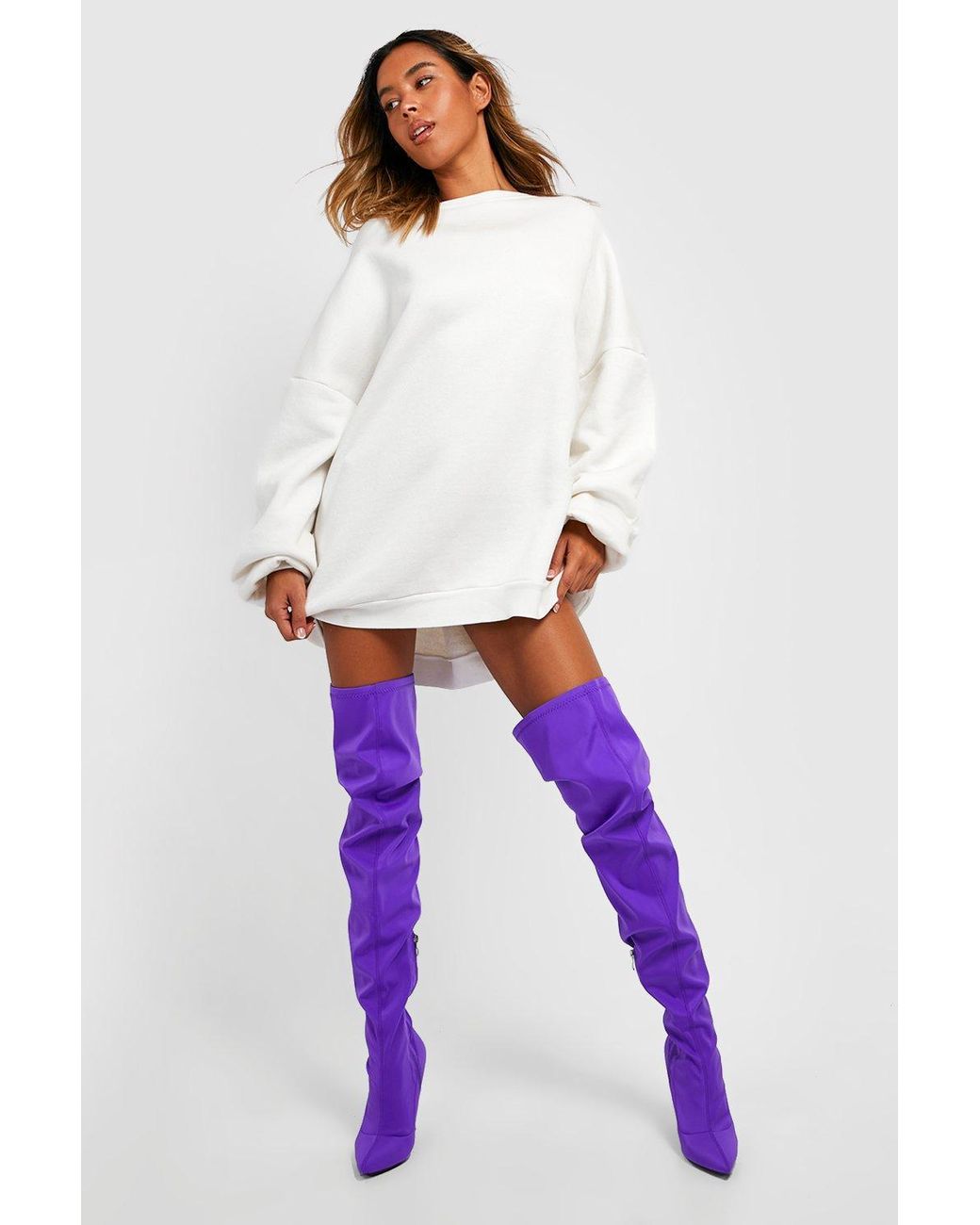 Boohoo Stretch Neoprene Thigh High Stiletto Boots in White | Lyst
