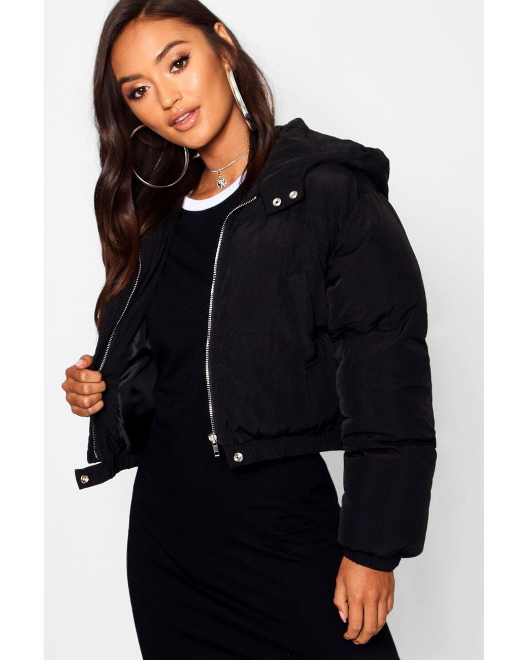 Boohoo Petite Hooded Crop Padded Coat in Black - Lyst