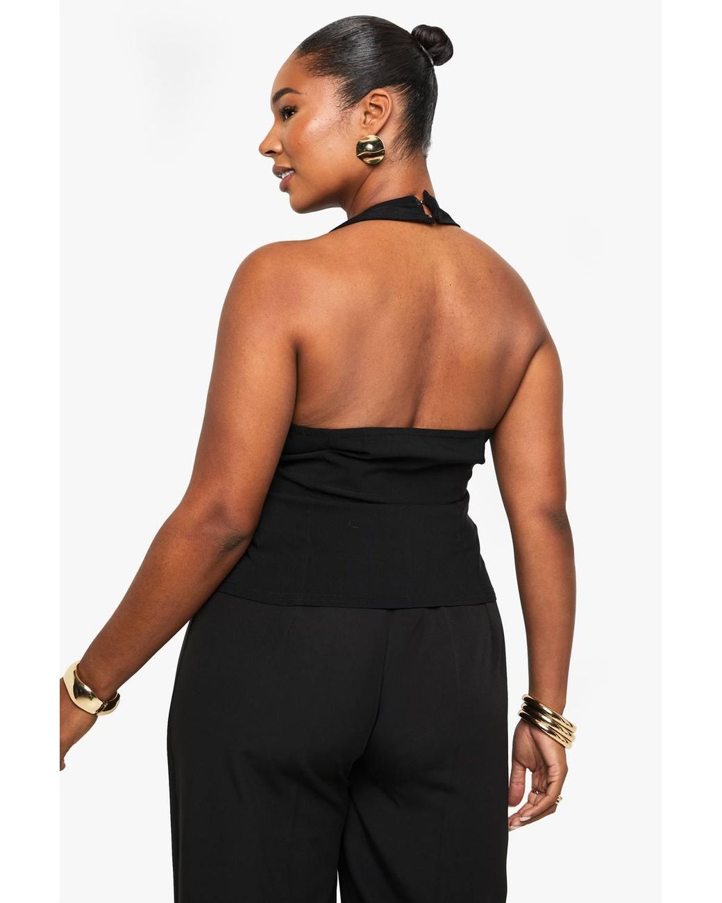 Boohoo Black Plus Halter Wrap Front Button Waistcoat
