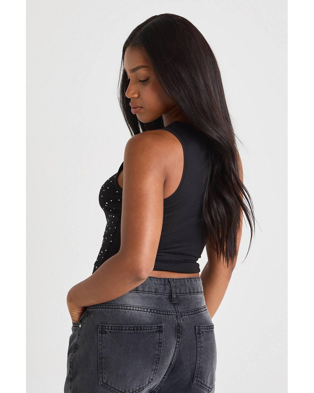 Boohoo Studded Ribbed Racer Tank in Black | Lyst
