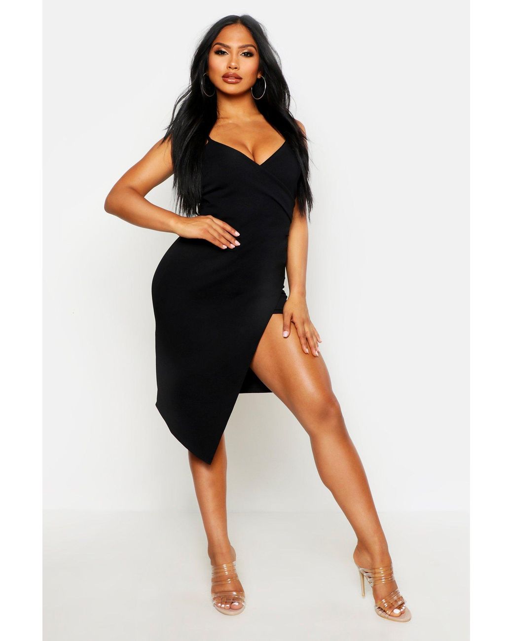 Boohoo Synthetic Strappy Wrap Pleated Bodycon Midi Dress in Black - Lyst