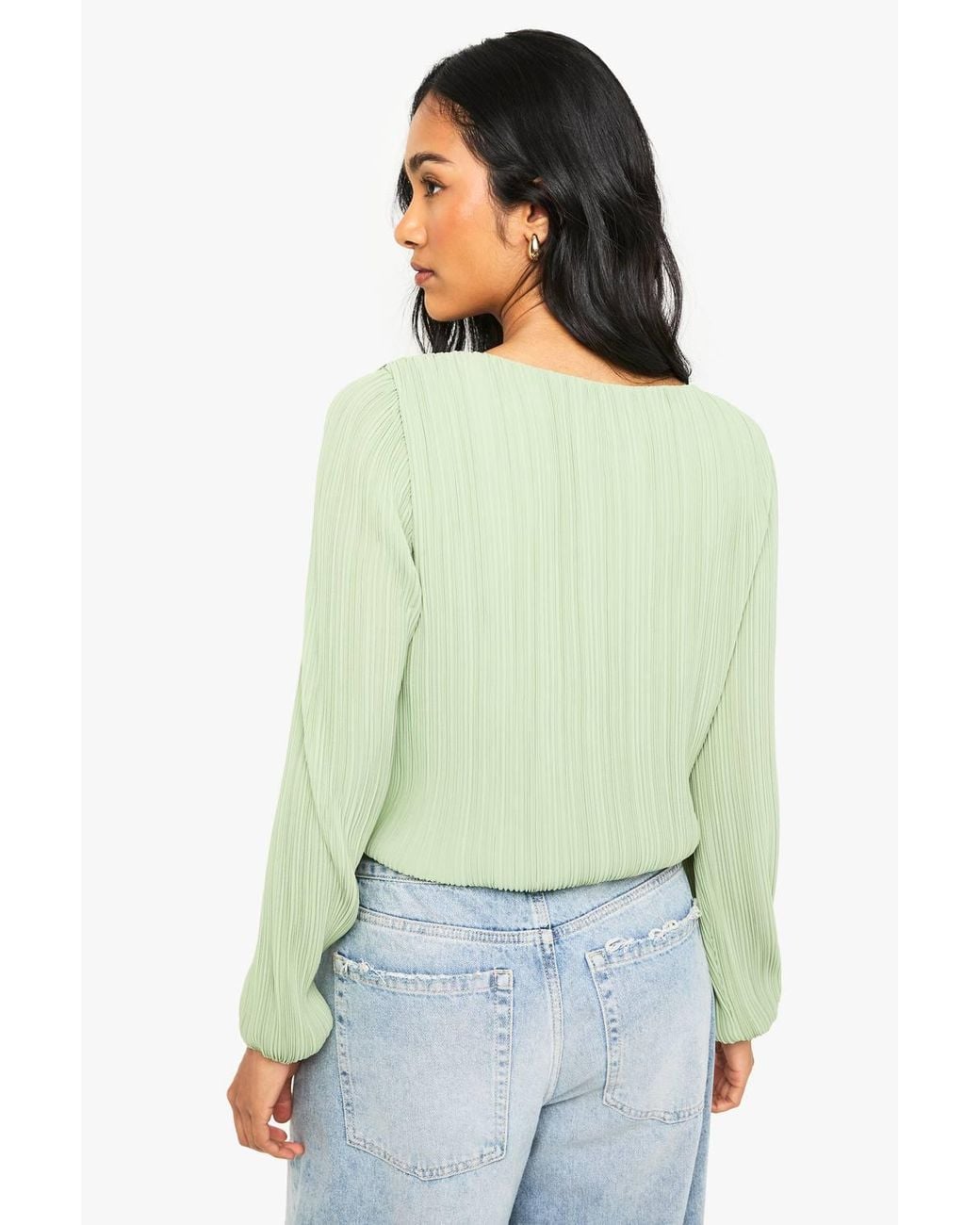 Boohoo Green Plisse Button Through Blouse