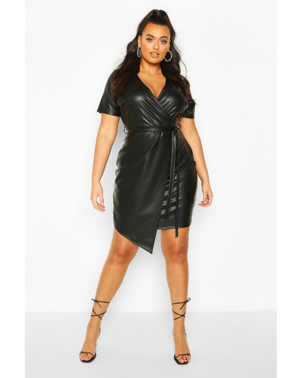 Boohoo Plus Leather Look Wrap Dress in Black | Lyst