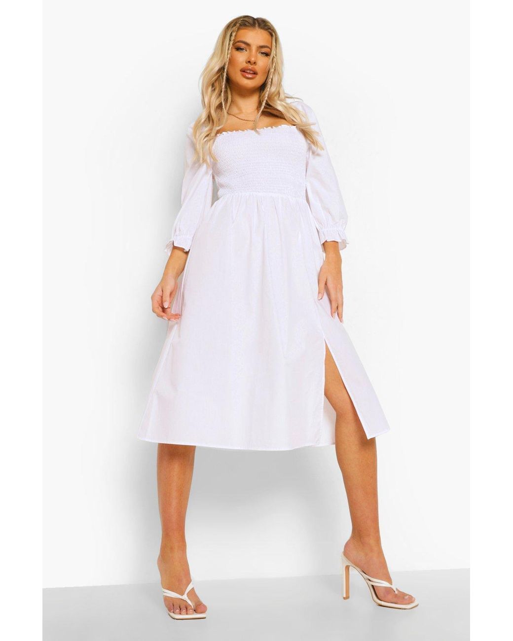 moon river white puff sleeve midi dress