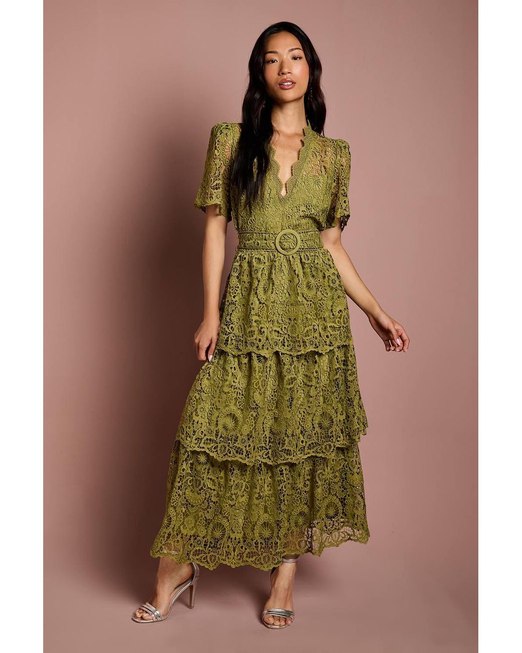 Coast Short Sleeve V Neck Tiered Lace Midi Dress in Green | Lyst