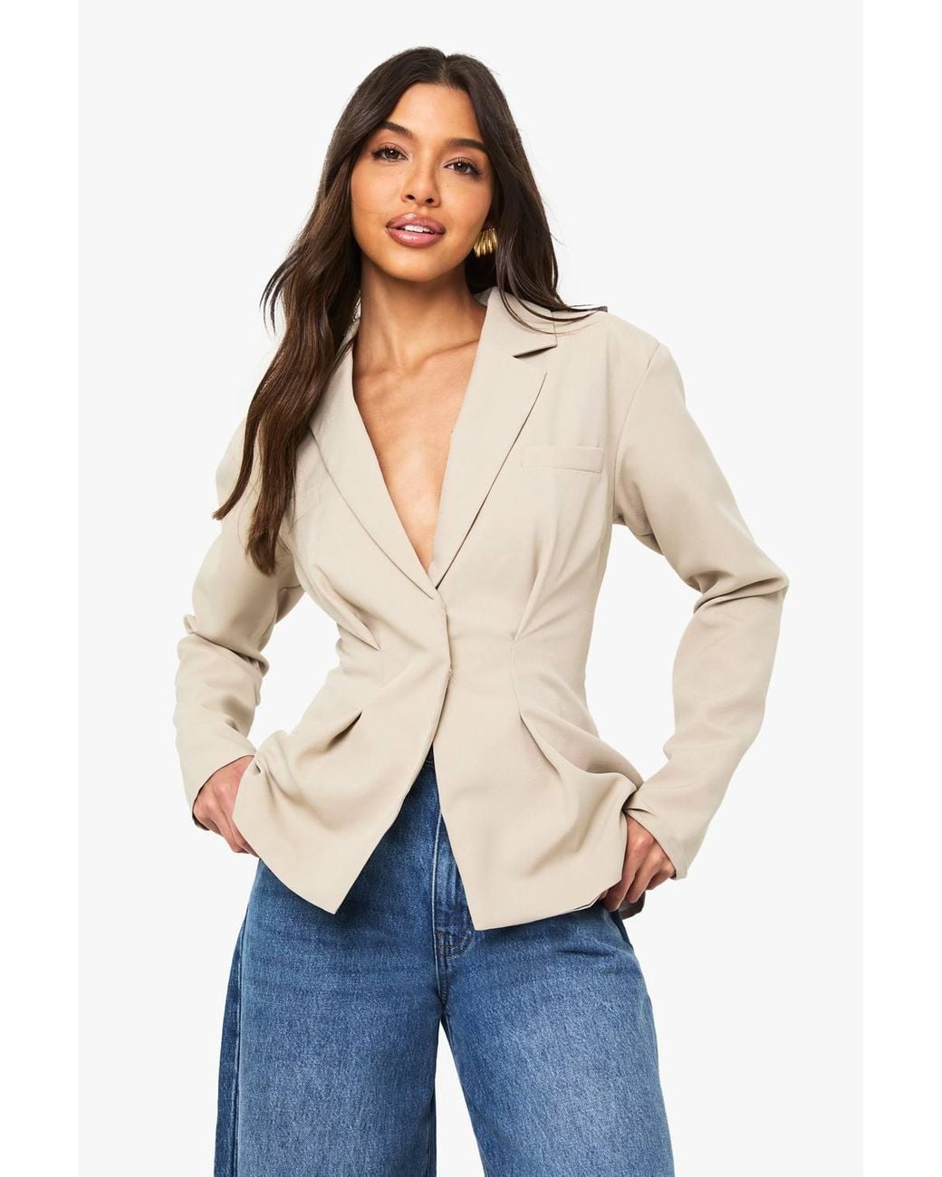 Boohoo Blue Cinched Wrap Over Blazer