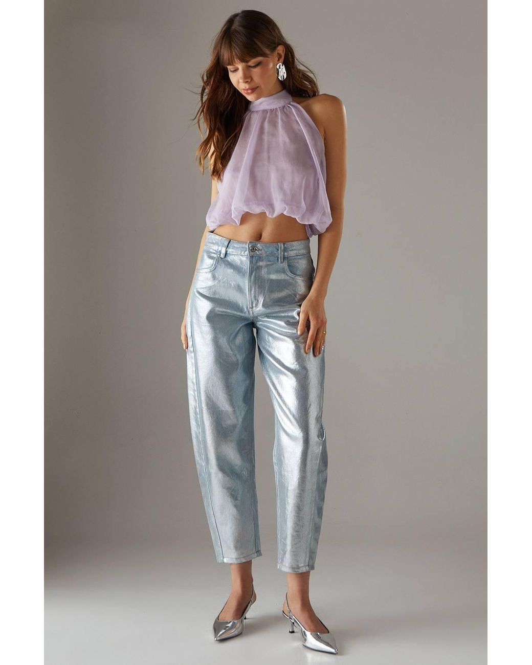 Warehouse Purple Chiffon Halter Bubble Crop Top