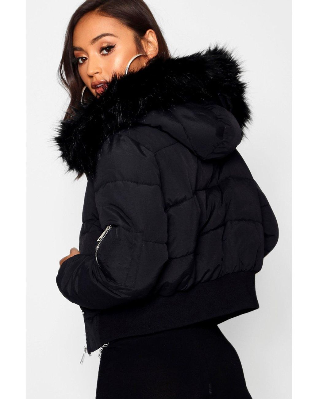 Black Faux Fur Hood Crop Puffer Jacket | escapeauthority.com
