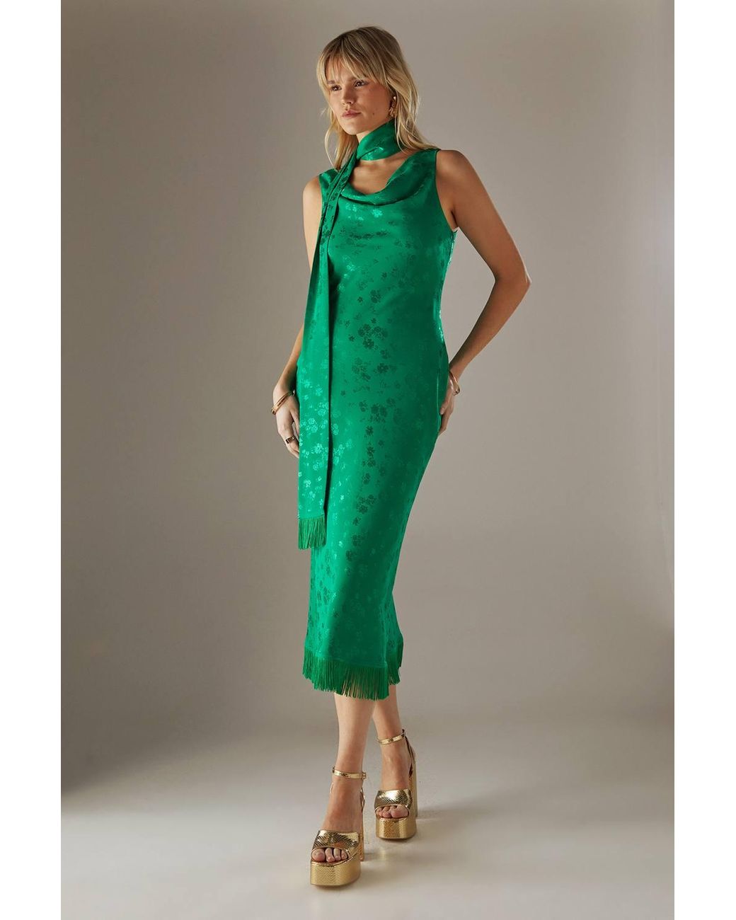 Warehouse Satin Jacquard Cowl Scarf Neck Fringe Midi Slip Dress in Green |  Lyst