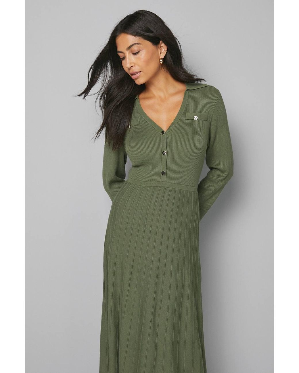 Wallis Green Statement Button Pleated Knitted Dress