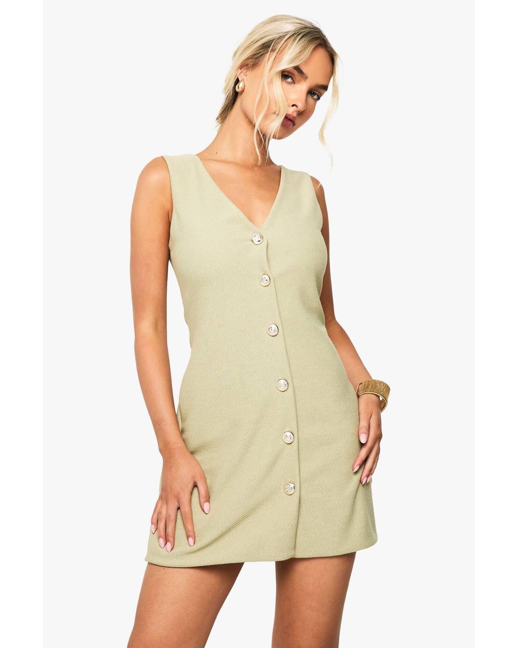 Boohoo Green Button V Neck Shift Dress