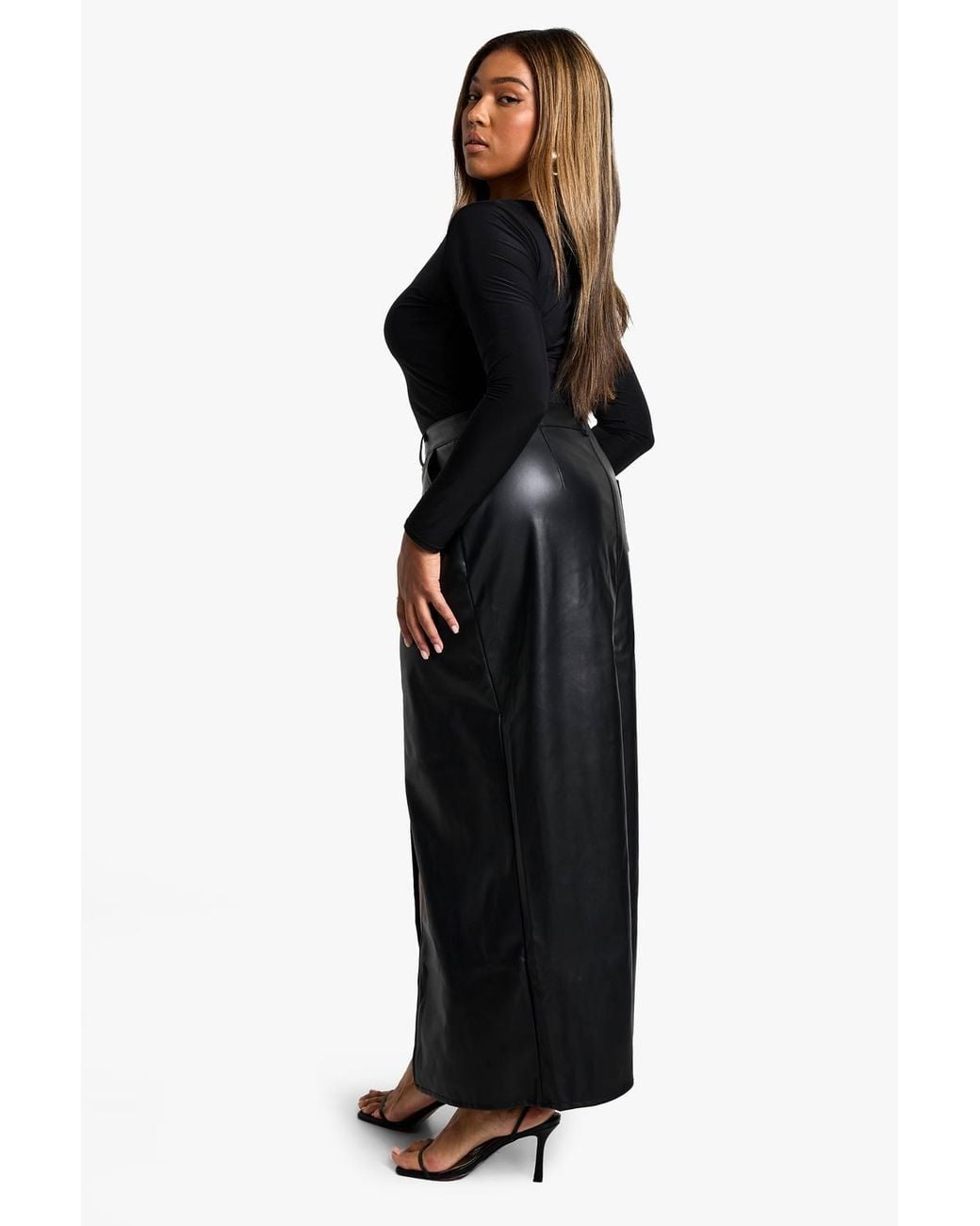 Boohoo Black Plus Pu Split Front Maxi Skirt