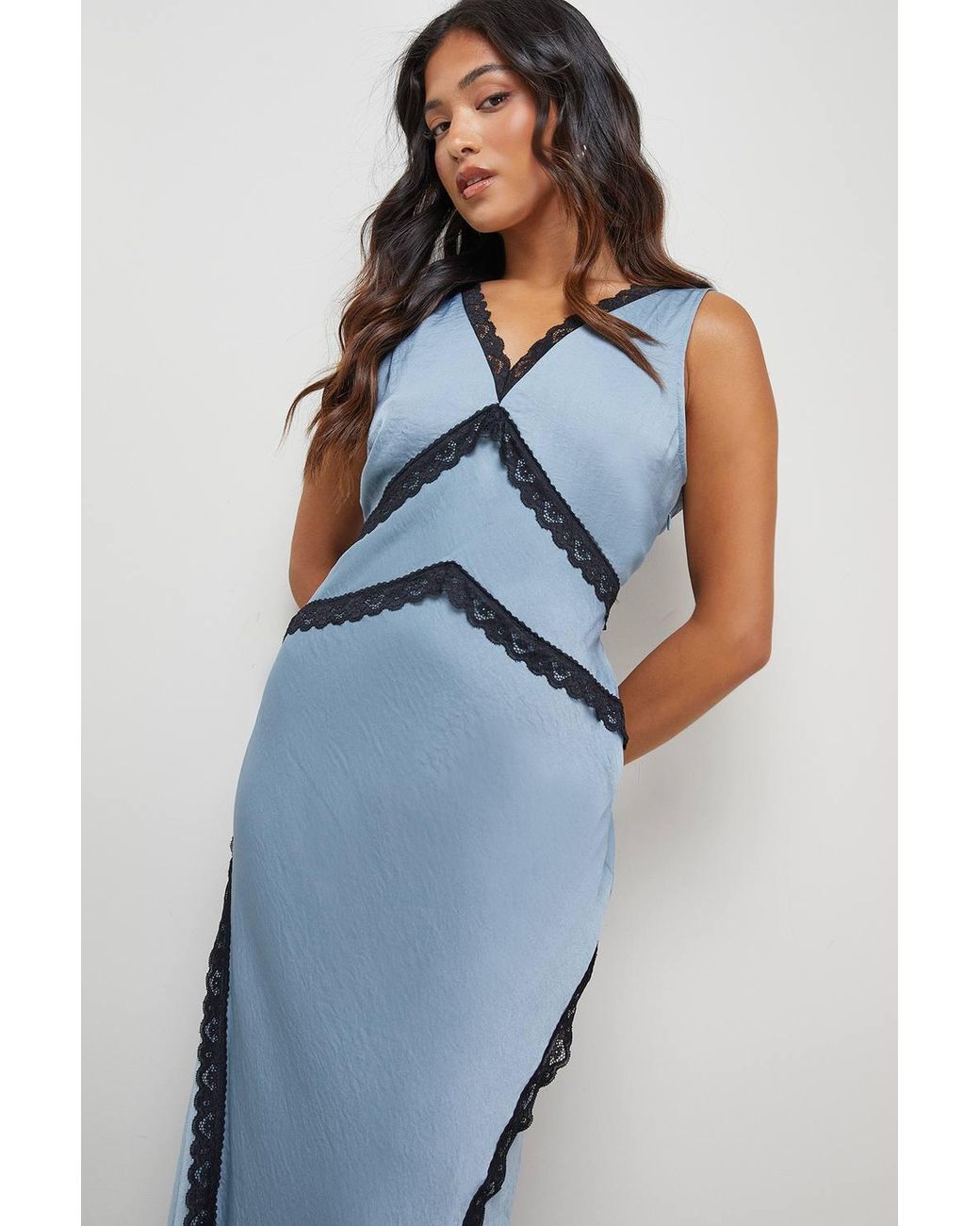 Warehouse Blue Petite Satin Contrast Lace Midi Slip Dress