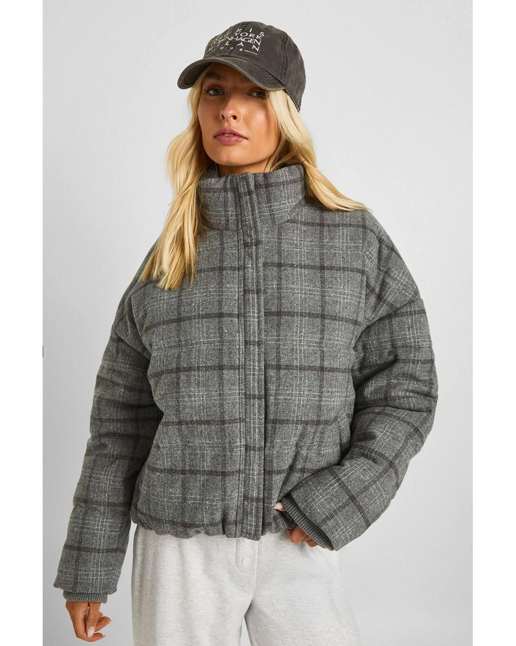 Boohoo Gray Check Puffer Jacket
