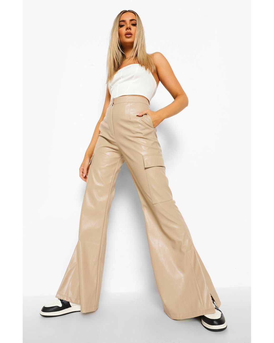 Boohoo Leather Look Split Detail Cargo Pants in Beige (Natural) Lyst