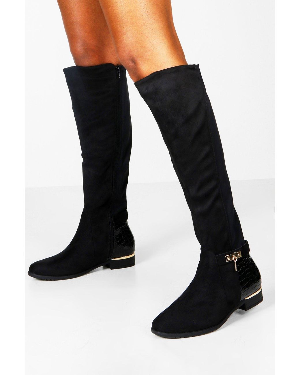 womens black flat knee high boots