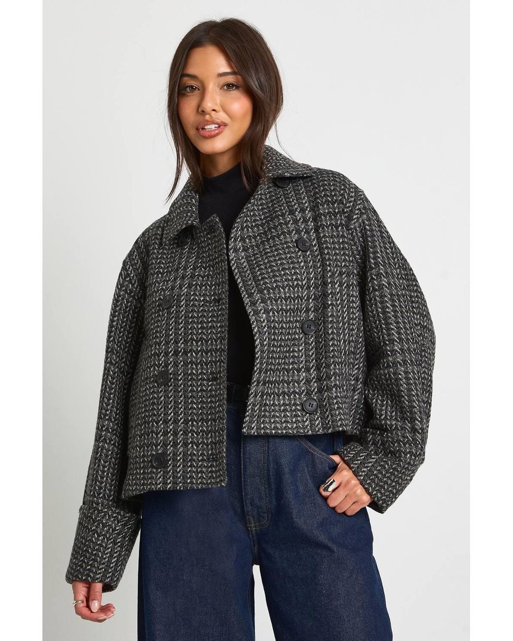 Boohoo Blue Double Breasted Wool Look Herringbone Jacket