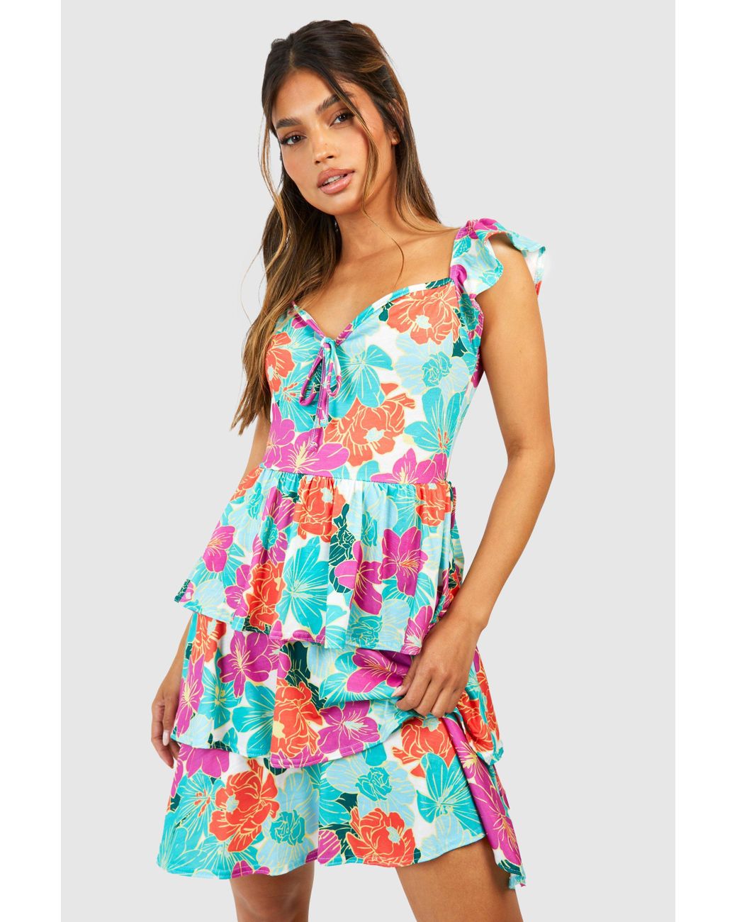 Boohoo Floral Ruffle Detail Skater Sundress in White | Lyst UK