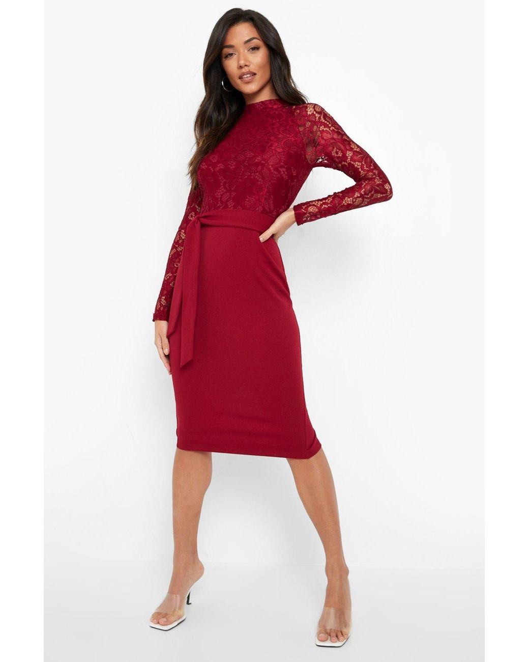 Boohoo High Neck Long Sleeve Lace Midi 