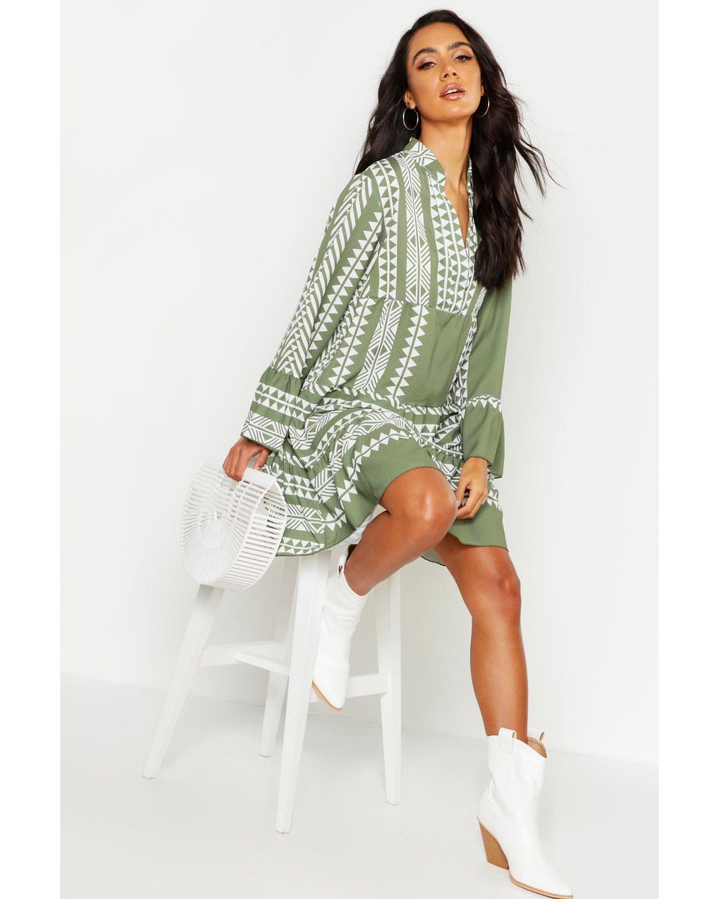 Boohoo Aztec Print Smock Dress in Khaki 