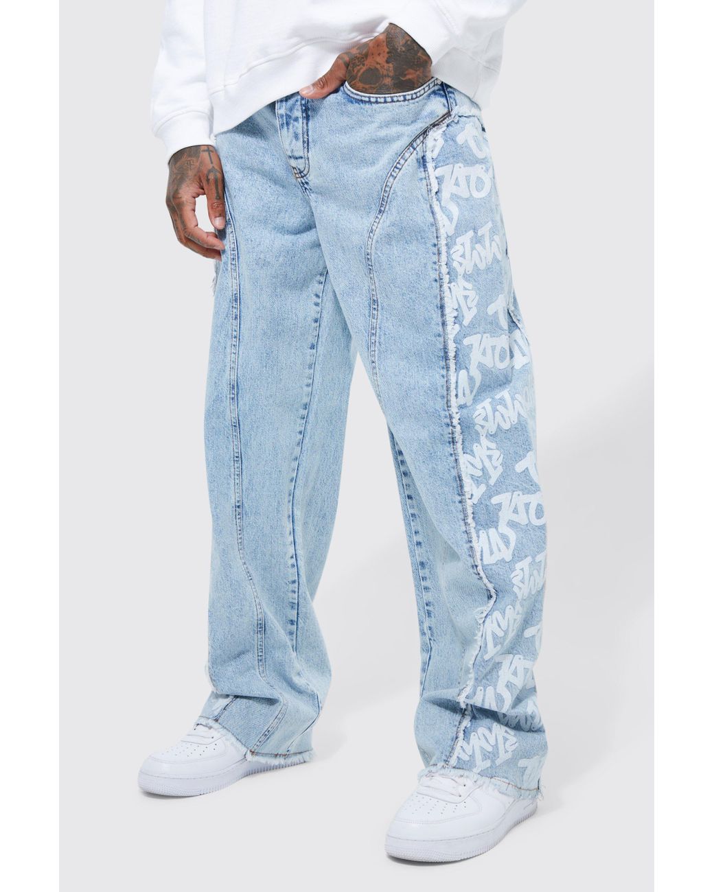 BoohooMAN Baggy Fit Gusset Detail Distressed Jeans in Blue for Men | Lyst