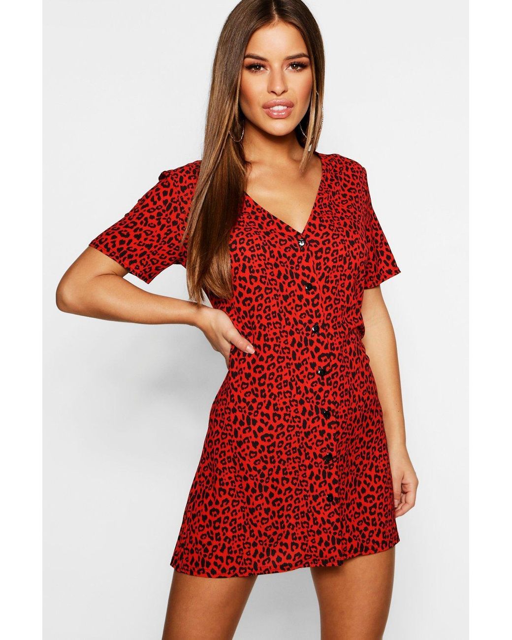 Boohoo Petite Leopard Print Button Shift Dress in Red - Lyst
