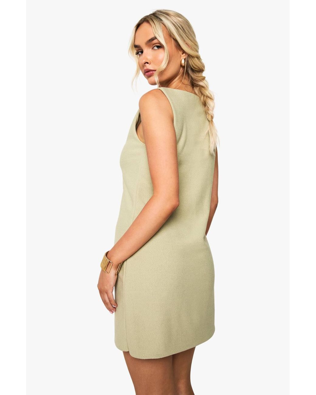 Boohoo Green Button V Neck Shift Dress