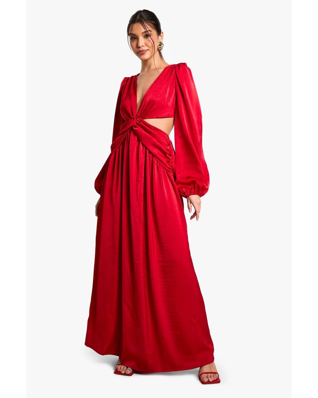 Boohoo Textured Satin Cut Out Plunge Maxi Dress | Lyst