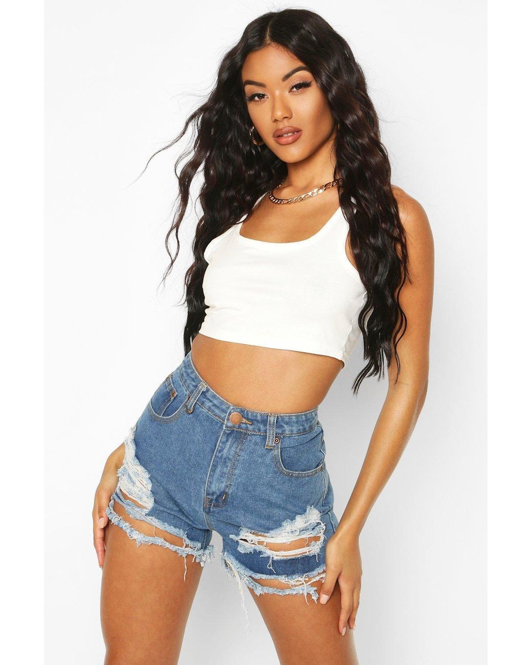 Boohoo High Rise Distressed Denim Mom Shorts In Mid Blue Blue Lyst