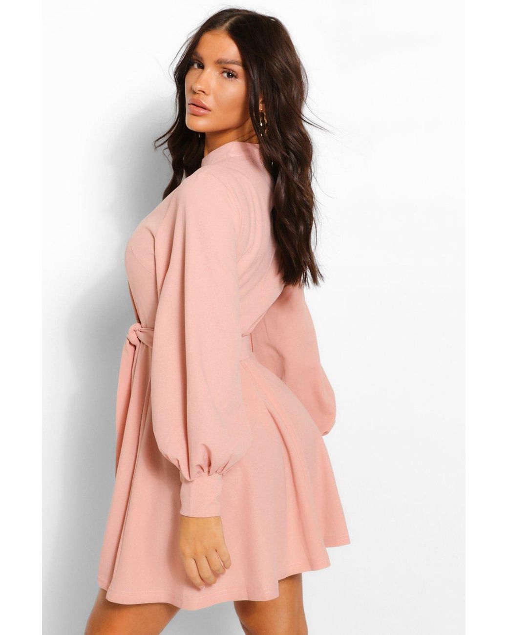 Boohoo High Neck Balloon Sleeve Belted Skater Dress in Pink (Natural) | Lyst