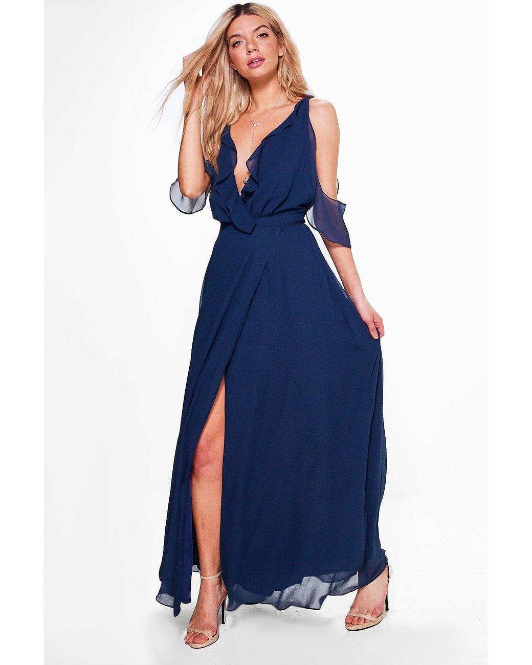 Boohoo Chiffon Frill Wrap Maxi Bridesmaid Dress in Navy (Blue) - Lyst