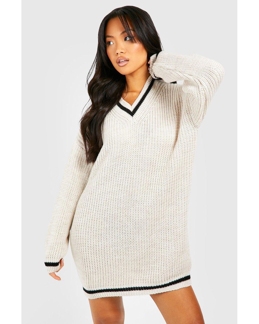 Boohoo Petite V Neck Knitted Sweater Dress in White | Lyst