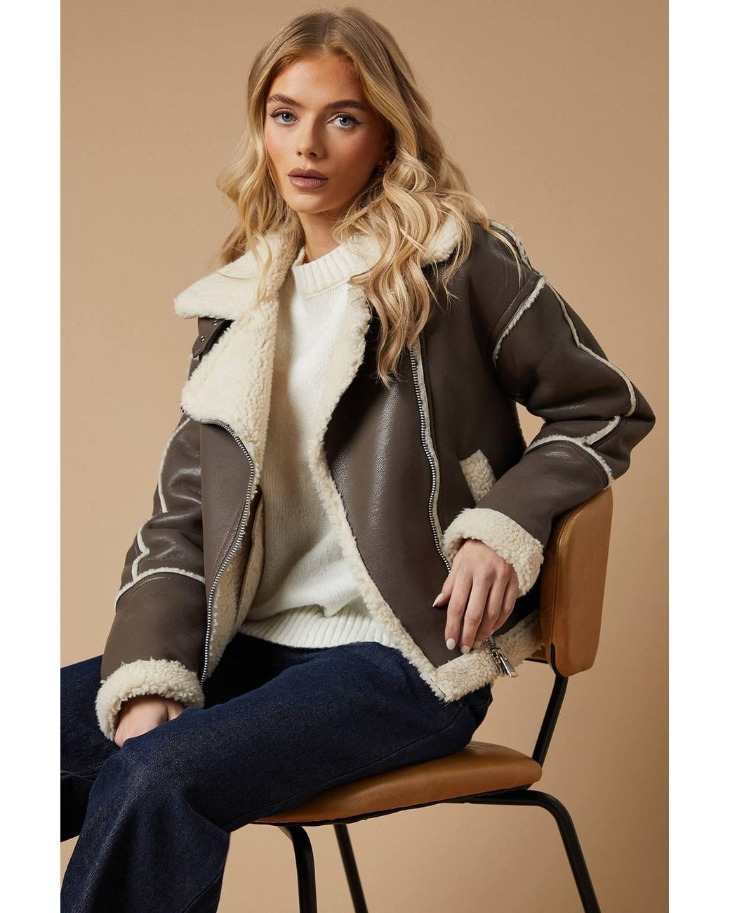 Oasis Brown Pu Borg Detail Collared Zip Jacket