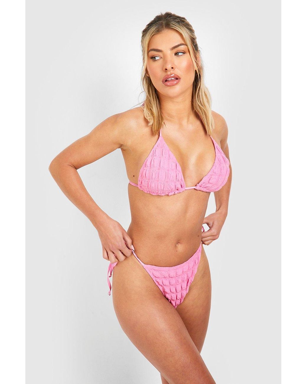 Boohoo Bubble Texture Triangle Tie Side Bikini Set in Pink | Lyst