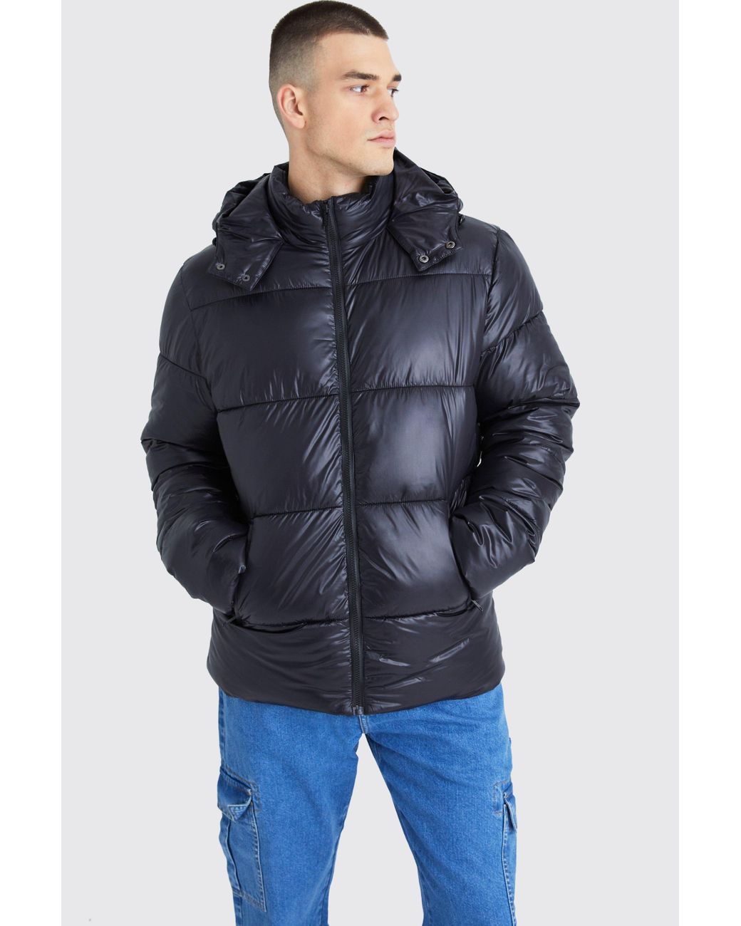 Boohoo Tall Panelled High Shine Puffer Jacket in Blue Lyst