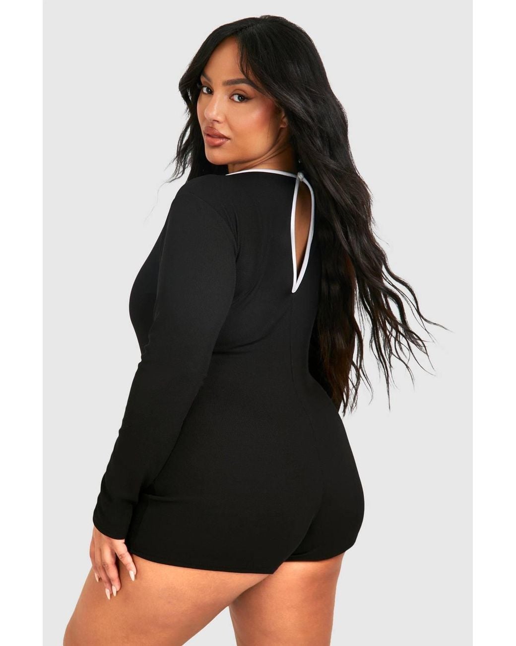 Boohoo Black Plus Rib Contrast Binding Playsuit