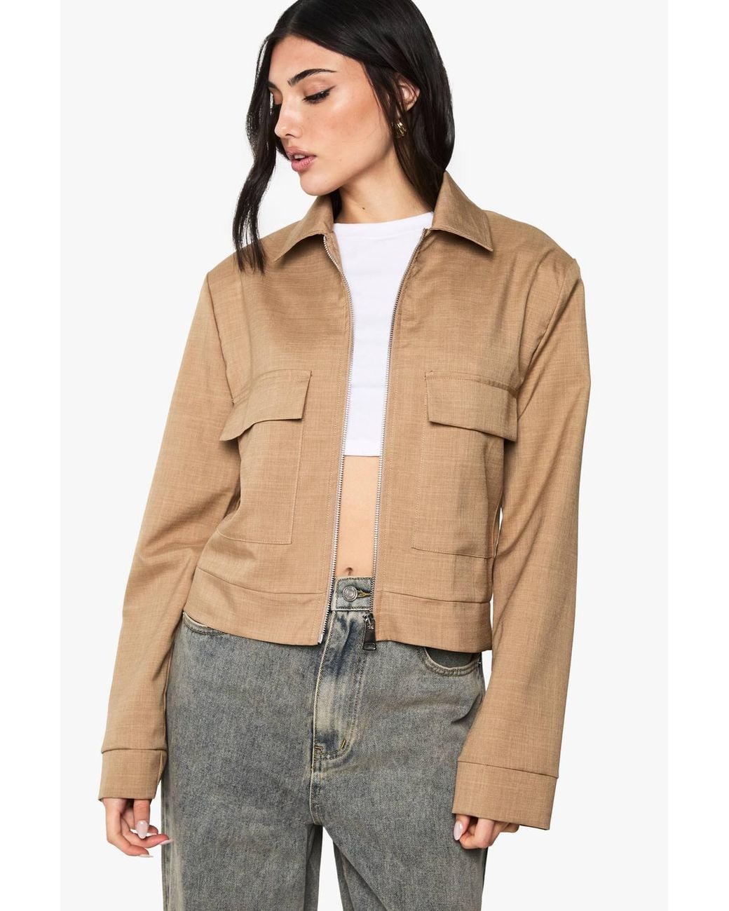 Boohoo Natural Zip Front Tailored Bomber Jacket