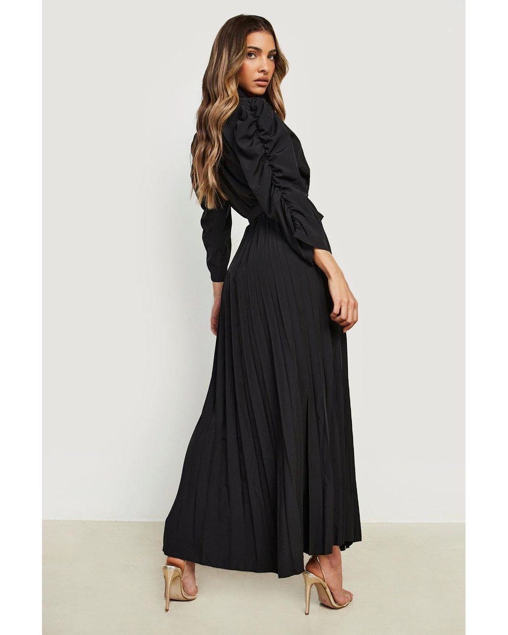 Boohoo Puff Sleeve Pleated Skirt Midi 