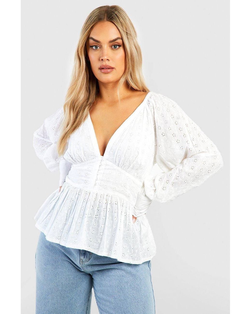 Boohoo White Plus Button Down Broderie Smock Top