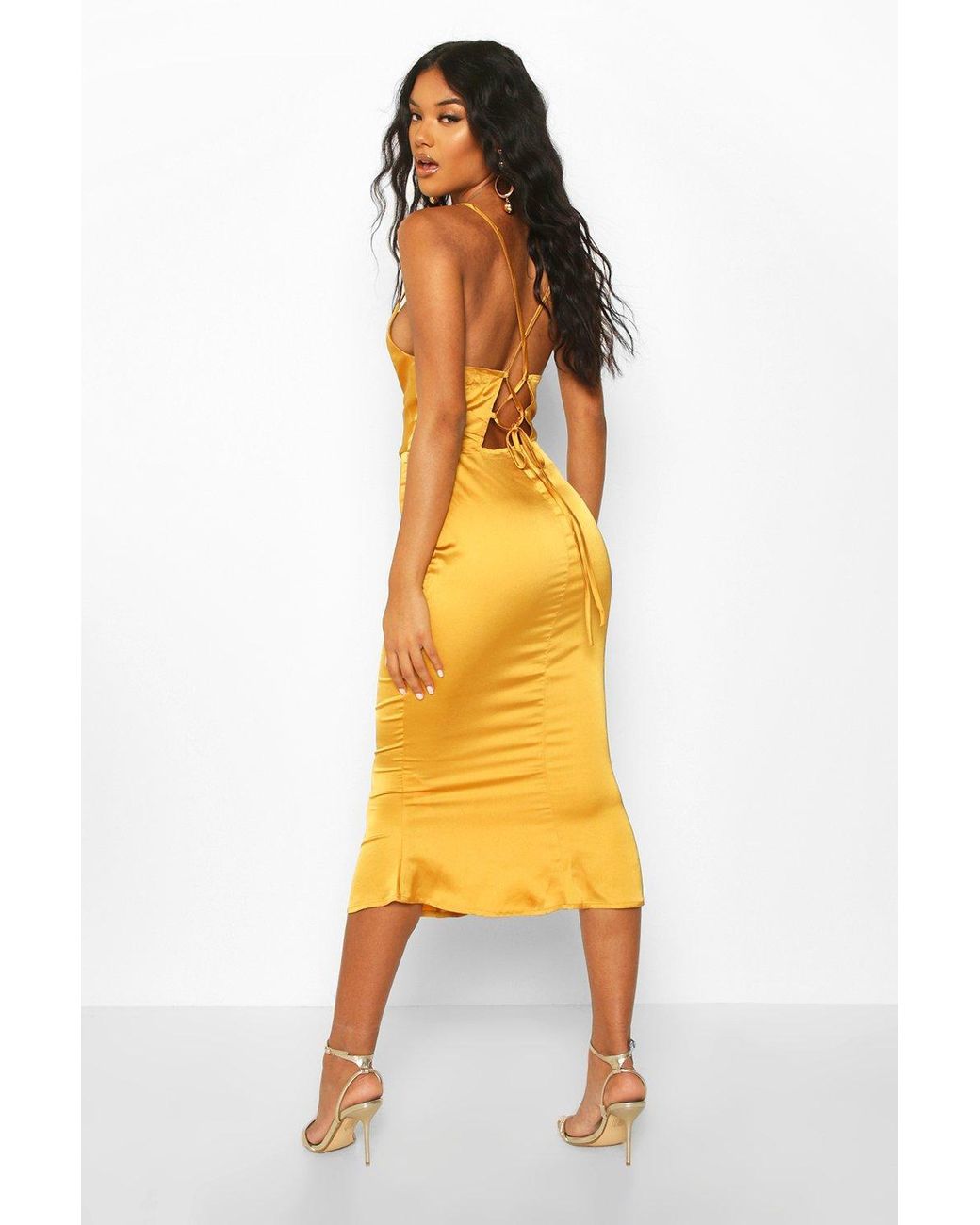 satin cowl neck lace up fishtail midi dress