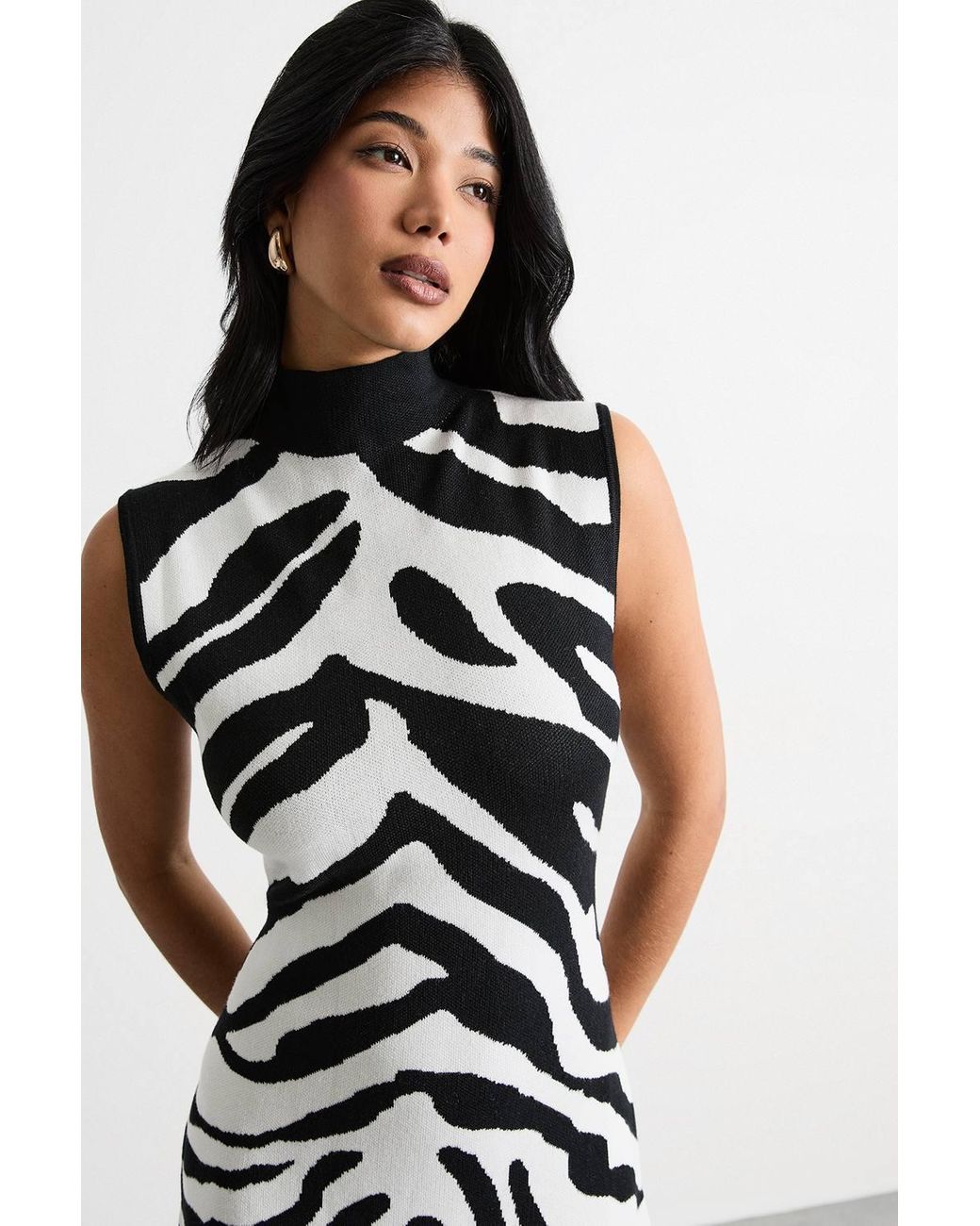 Warehouse White Animal Zebra Jaquard Knitted Midi Dress