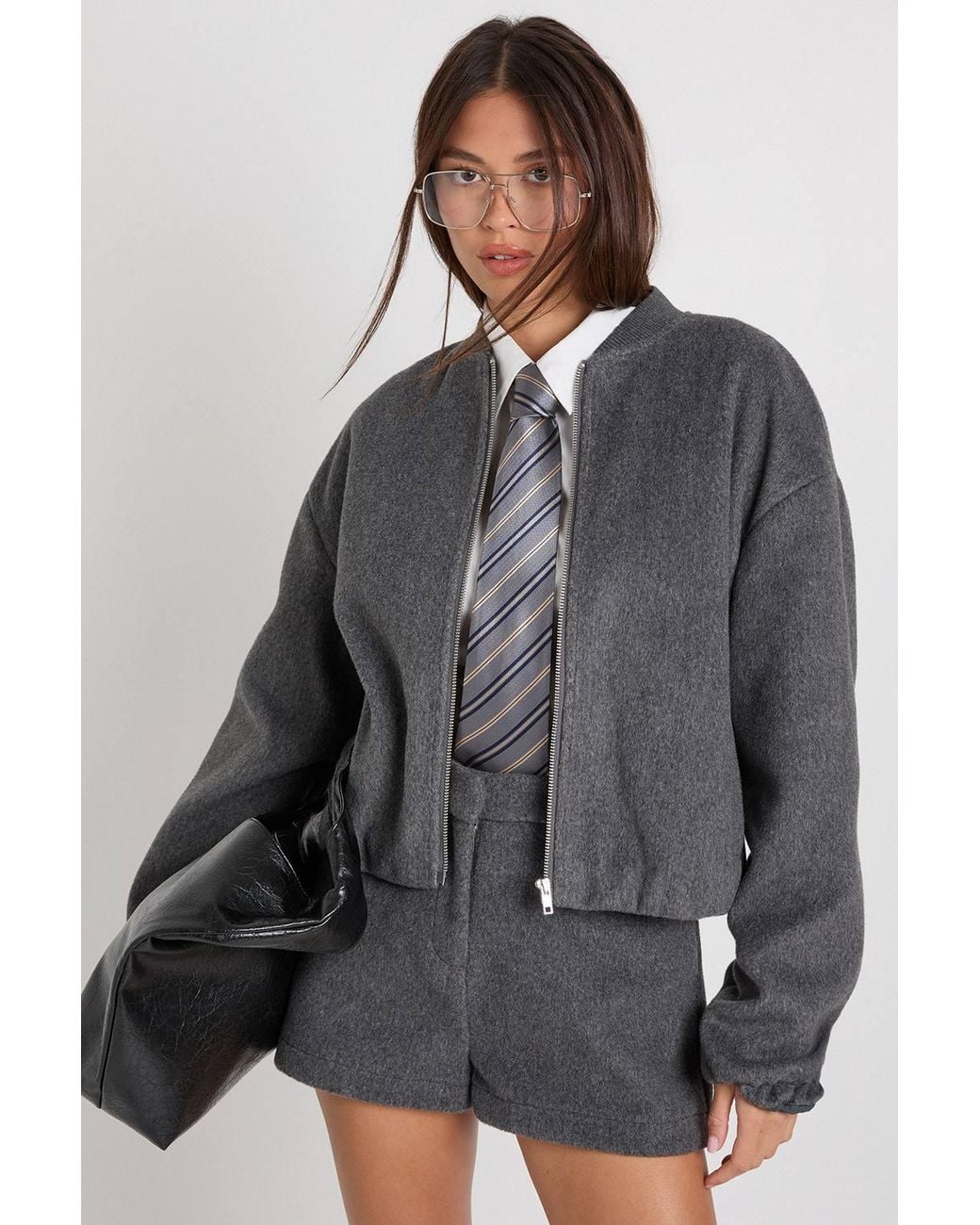 Boohoo Gray Wool Look Bomber Jacket