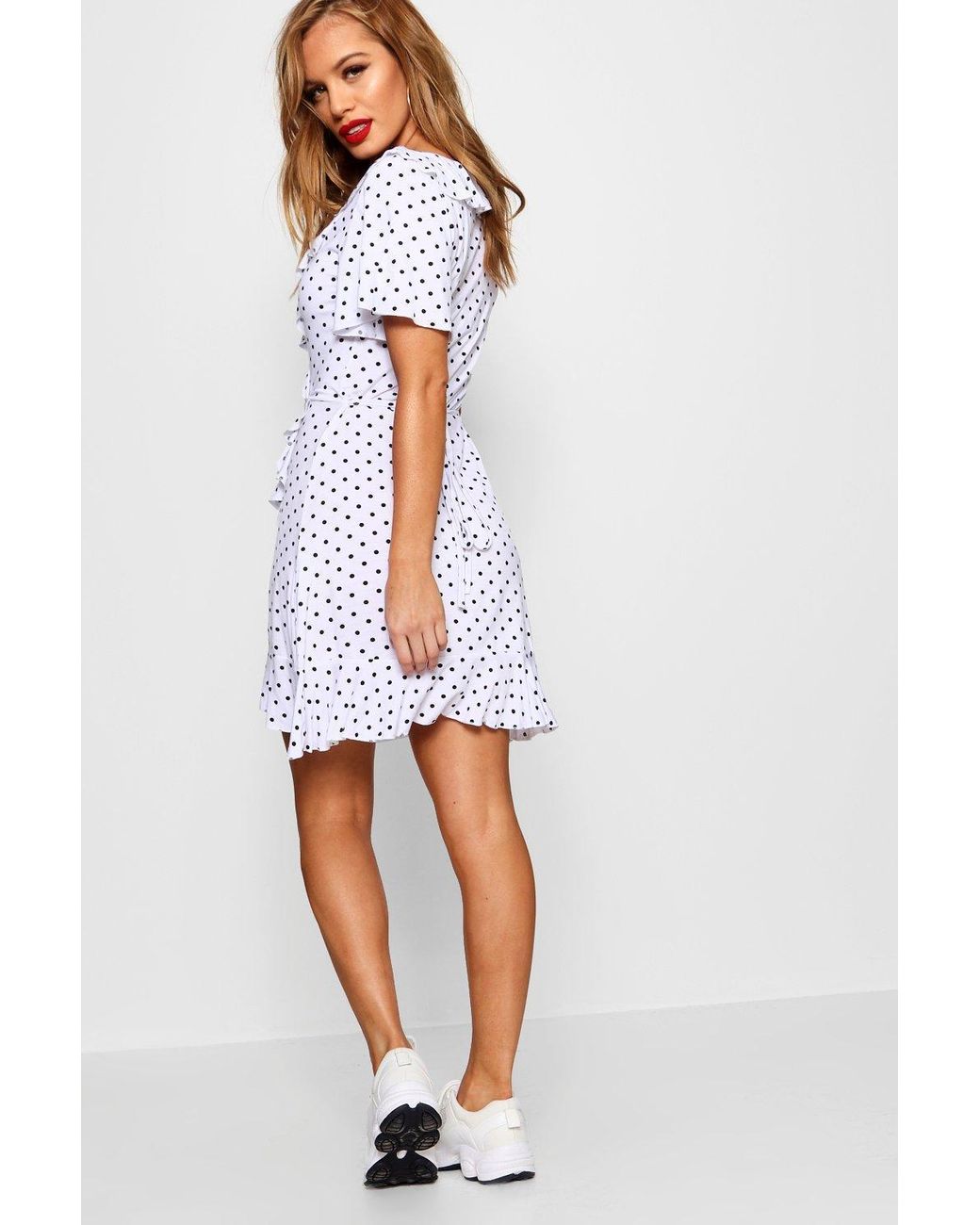 polka dot wrap front ruffle tea dress